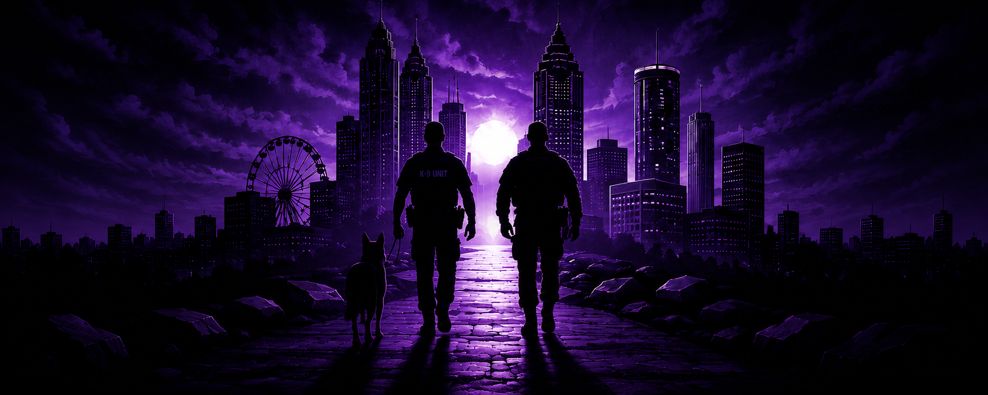 A lone figure walking toward sunrise through the Atlanta skyline
